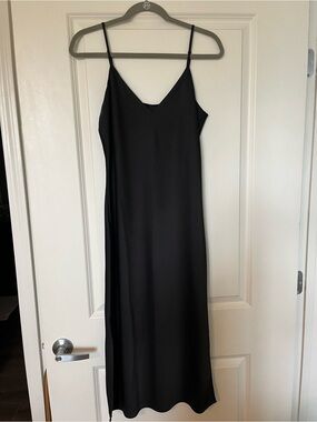 Gianni Bini Black Satin Midi Slip Dress with V-Neck